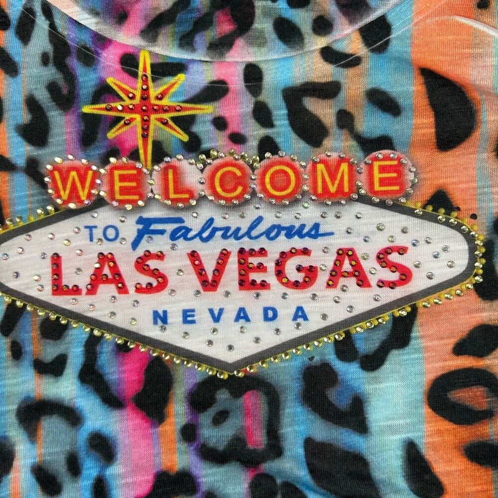 Y2K Women XL Rainbow Cheetah Las Vegas Nevada Graphic Tank Top Rhinestone Bling - Picture 2 of 8
